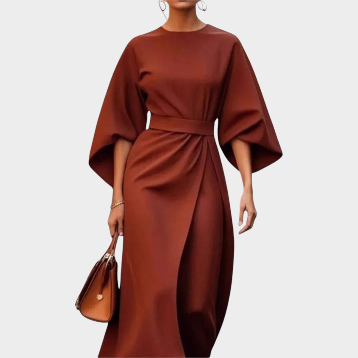 Women’s Satin Maxi Dress with Kimono Sleeves and Defined Waist