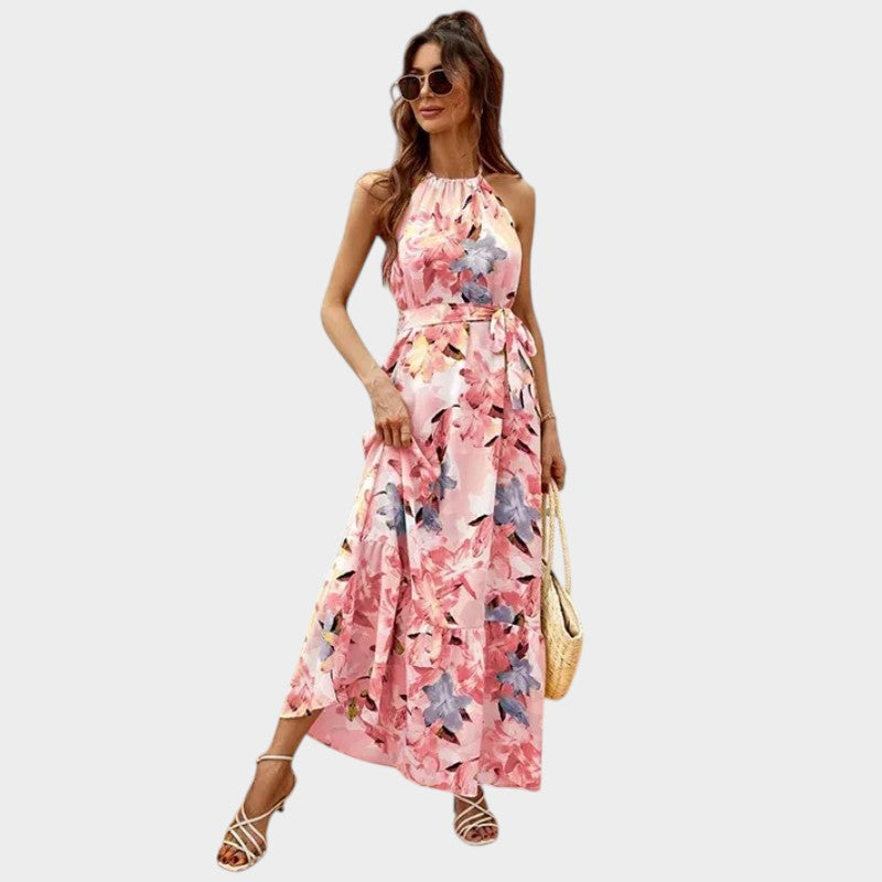 Women’s Floral Halter Neck Maxi Dress with Waist Tie and Tiered Skirt