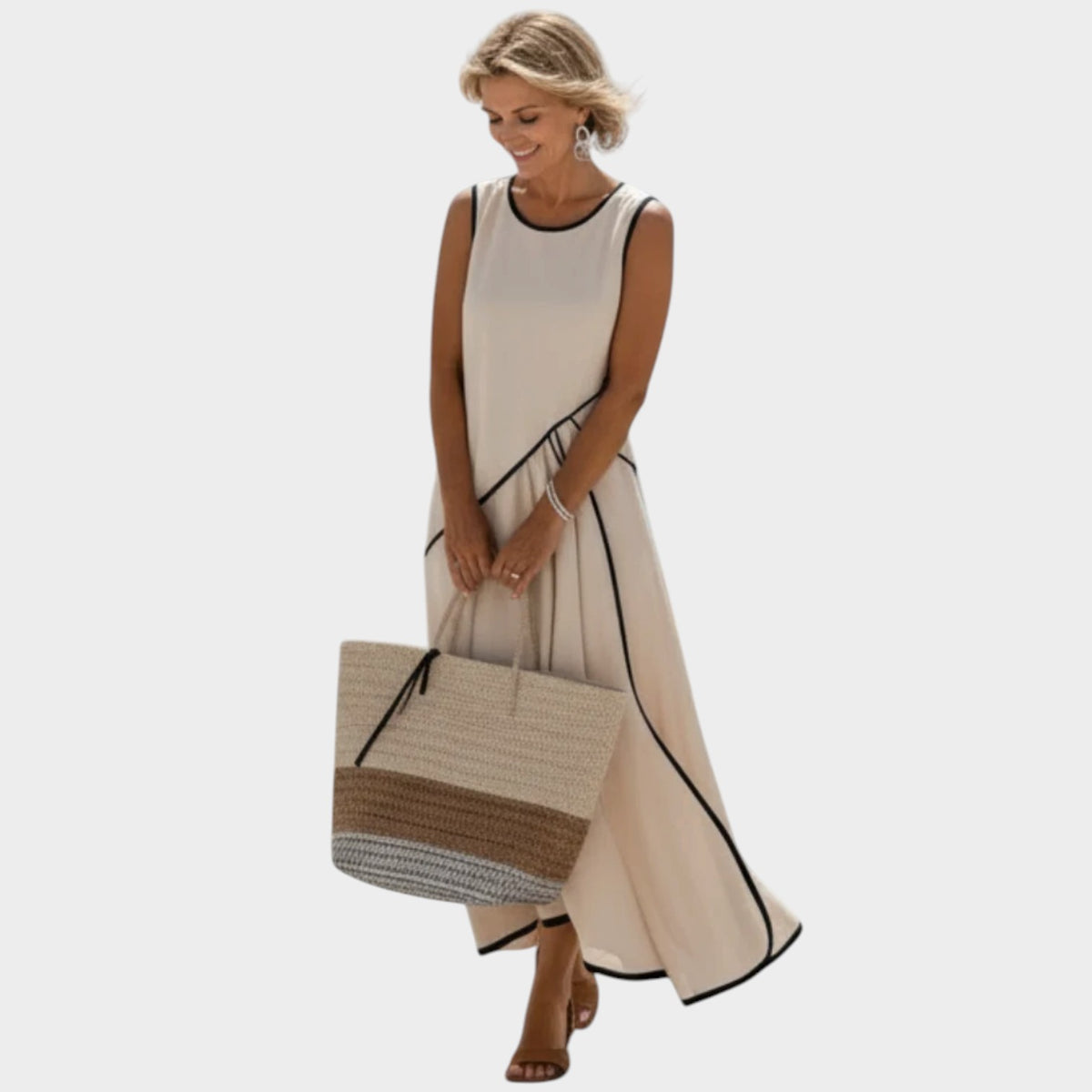 Women’s Sleeveless Maxi Dress with Round Neckline and Contrast Trim