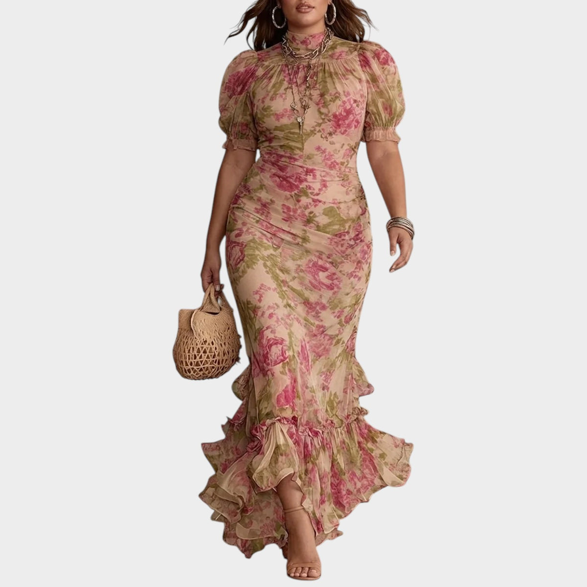 Women’s Floral Maxi Dress with Puff Sleeves, High Neck and Ruffle Hem