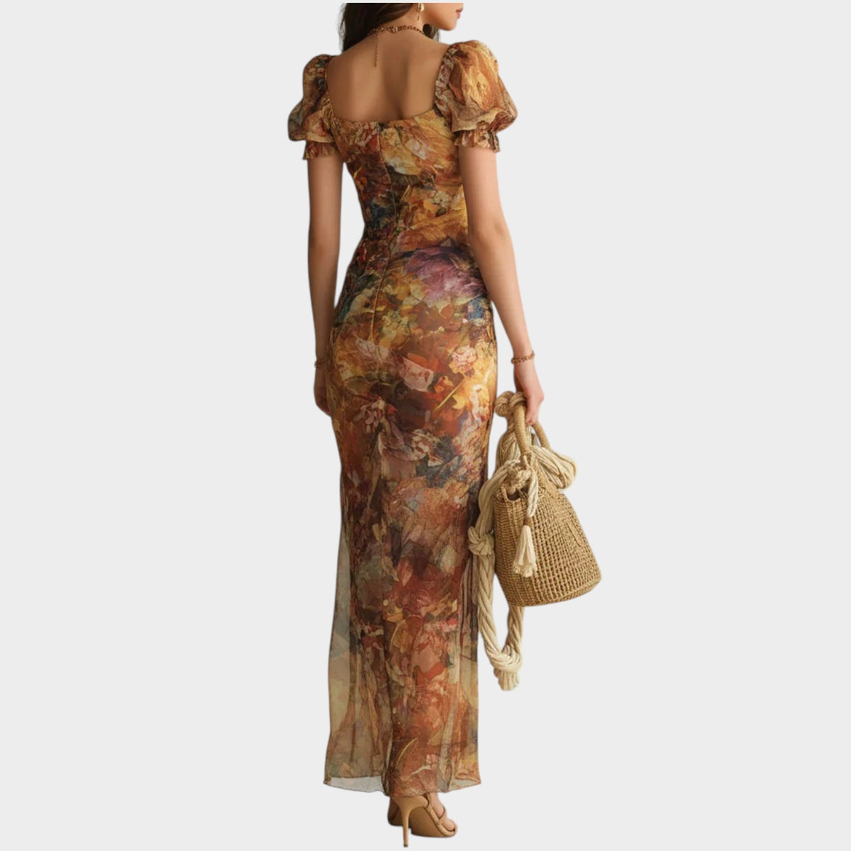 Women’s Floral Chiffon Maxi Dress with Puff Sleeves, Ruched Bodice and Side Slit