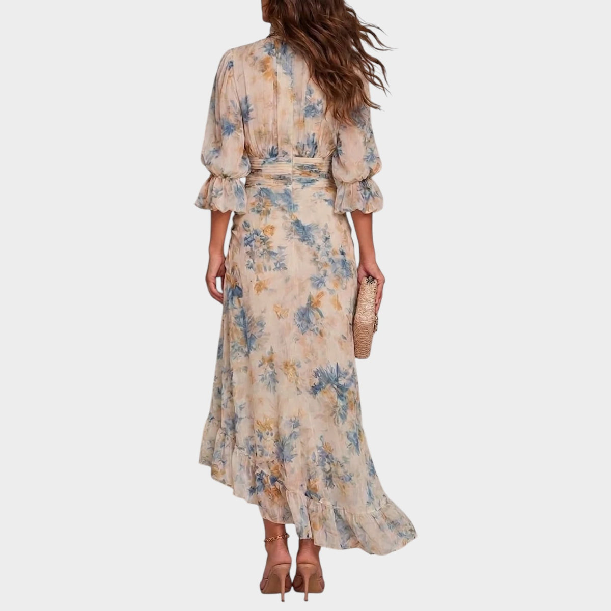 Women’s Floral Chiffon Maxi Dress with High Neck, Puff Sleeves and Ruffle Hem