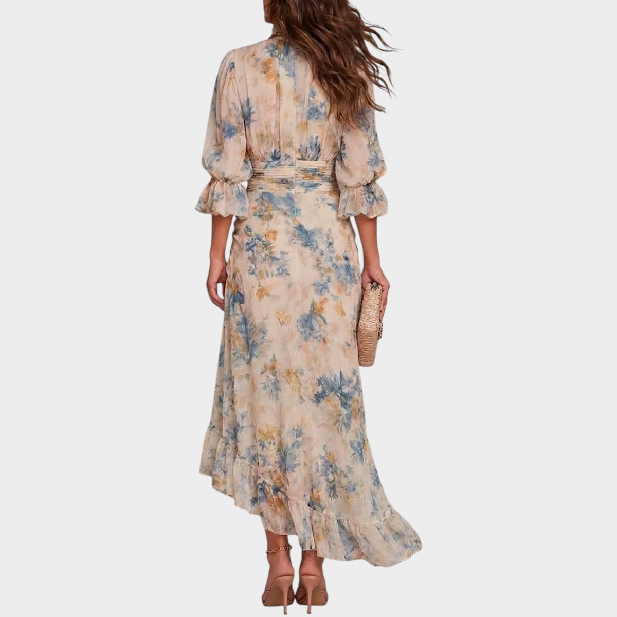 Women’s Floral Maxi Dress with High Neck, Ruched Waist and Ruffle Hem