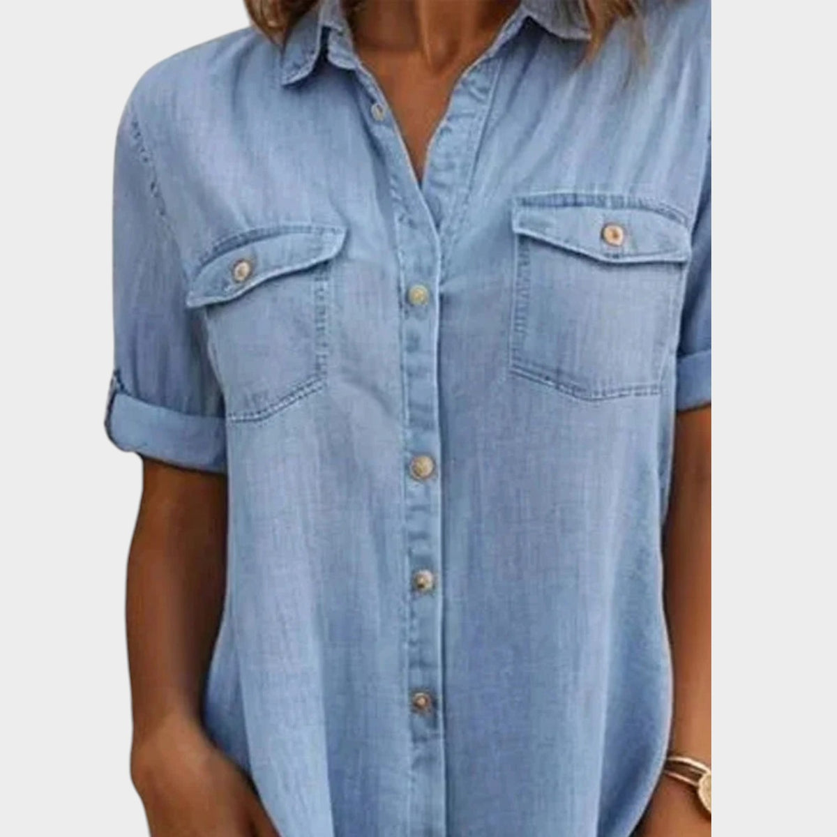 Women’s Denim Shirt Dress with Button Front and Roll-Up Sleeves