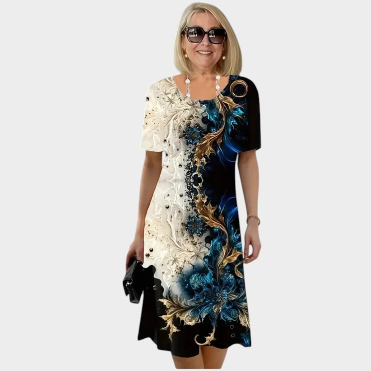Women’s Floral Midi Dress with Round Neck and Short Sleeves