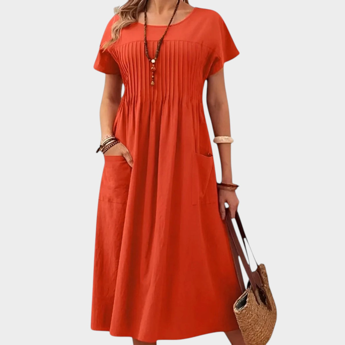 Women’s Midi Dress with Pleated Front and Side Pockets