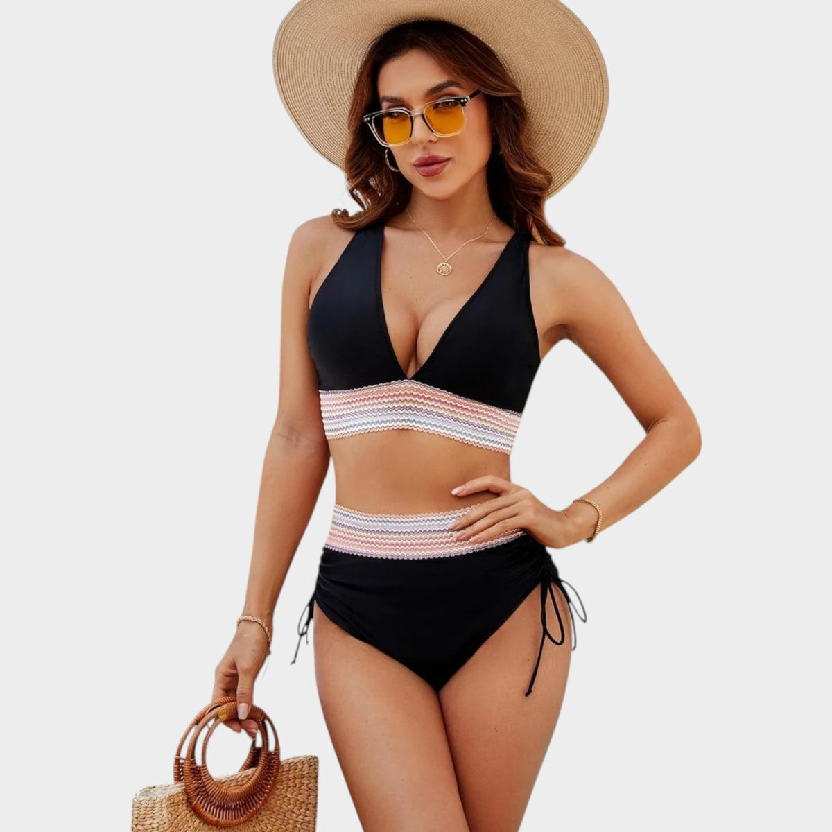 Women’s Swimsuit V-Neck Wide Straps Ruched Waist Push-Up