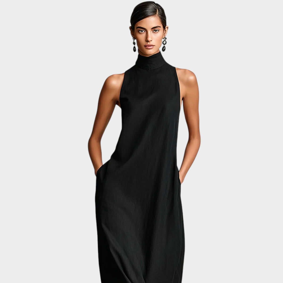 Women’s Sleeveless Maxi Dress with High Neck and Side Pockets