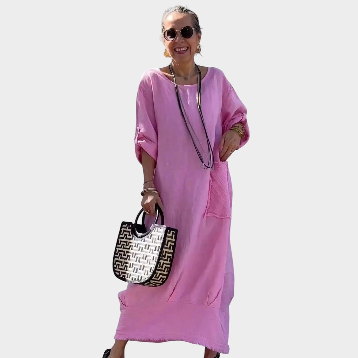 Women’s Oversized Maxi Dress with Rolled Sleeves and Side Patch Pocket