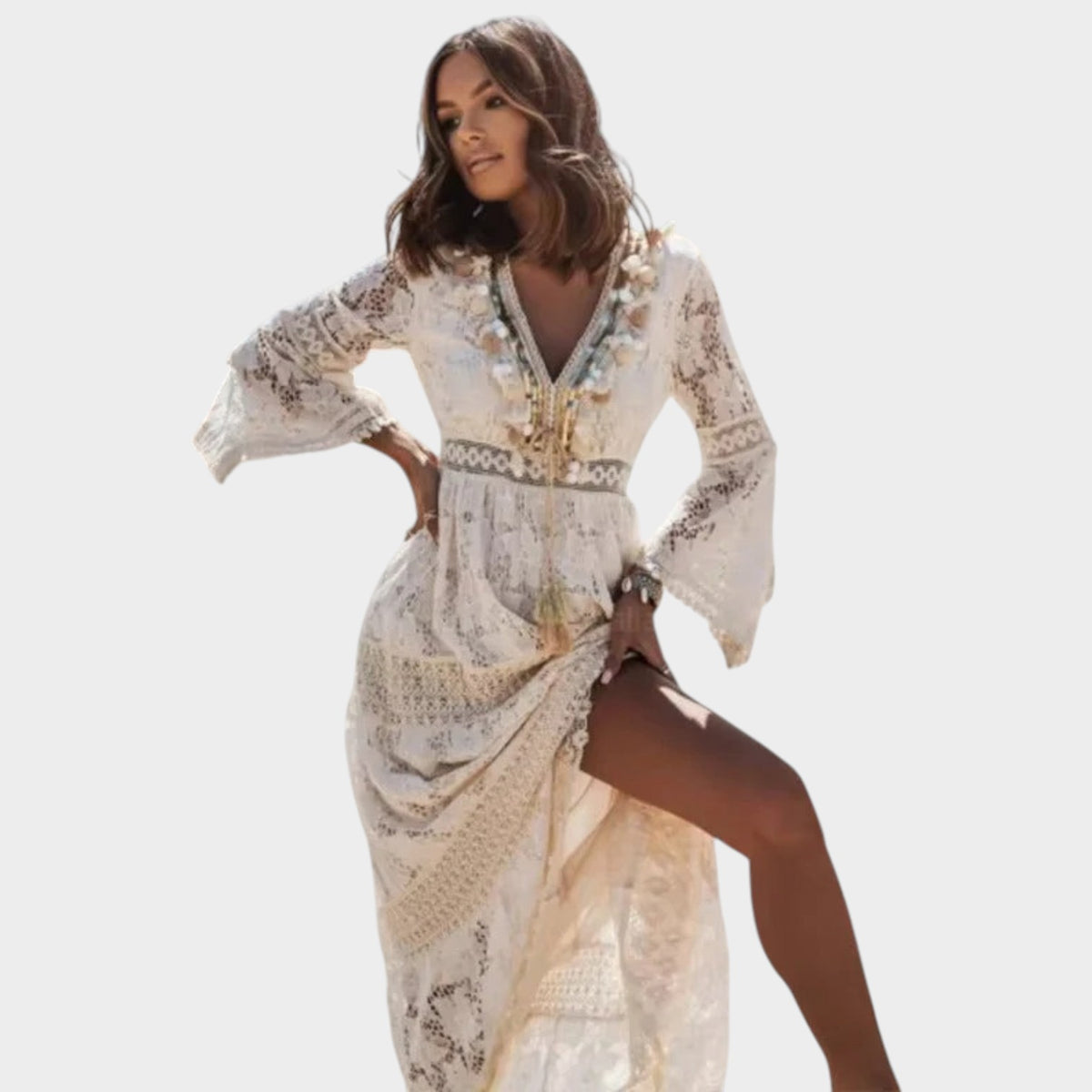 Women’s Embroidered Maxi Dress with Sleeveless V-Neck and High Side Slit