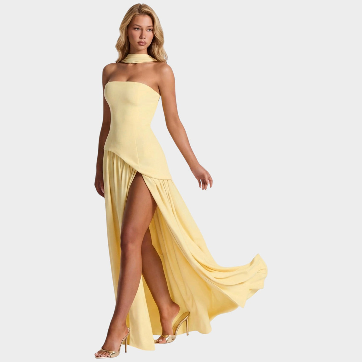 Women’s Strapless Maxi Dress with Draped Scarf Detail and High Slit