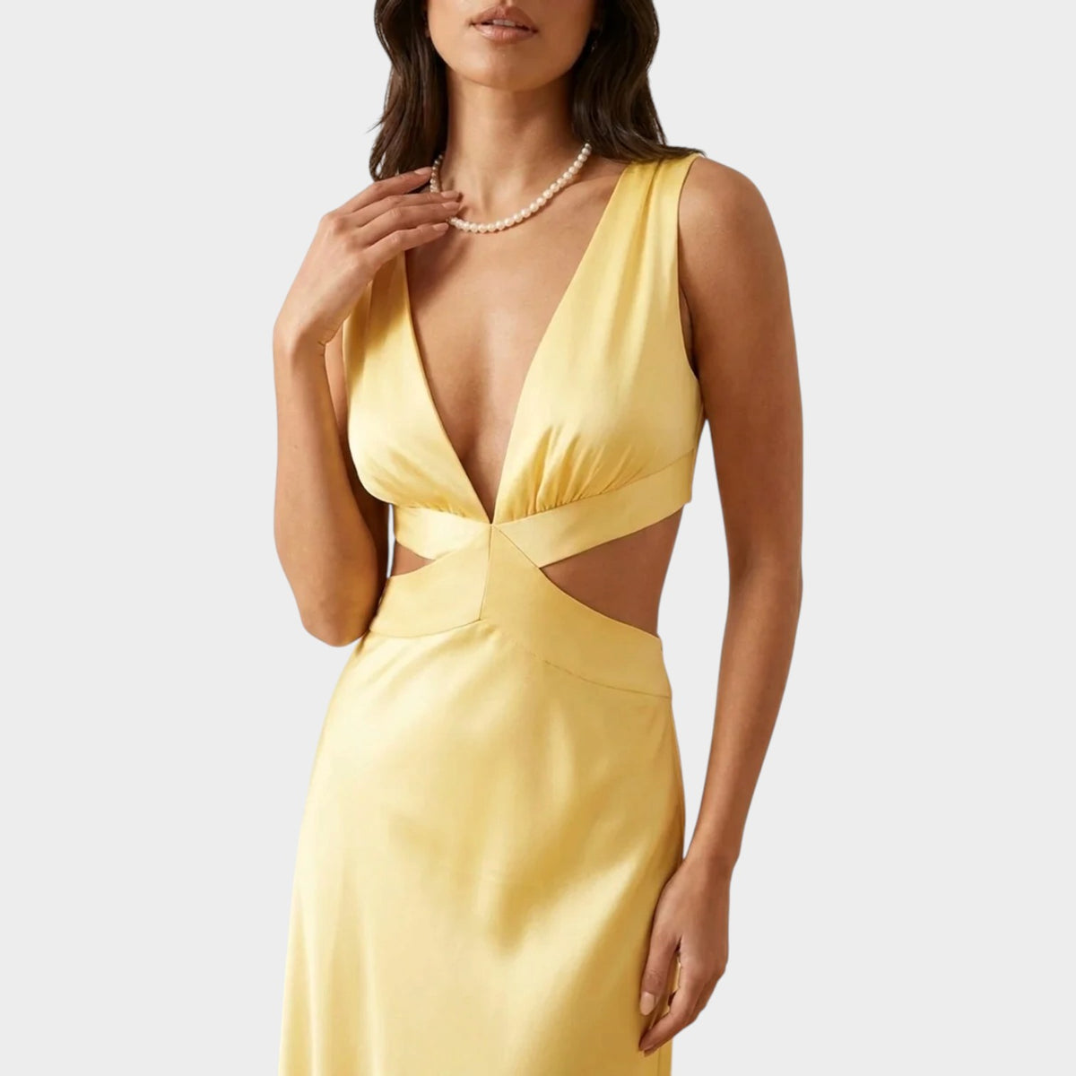 Women’s V-Neck Maxi Dress with Waist Cut-Outs and Flowing Skirt
