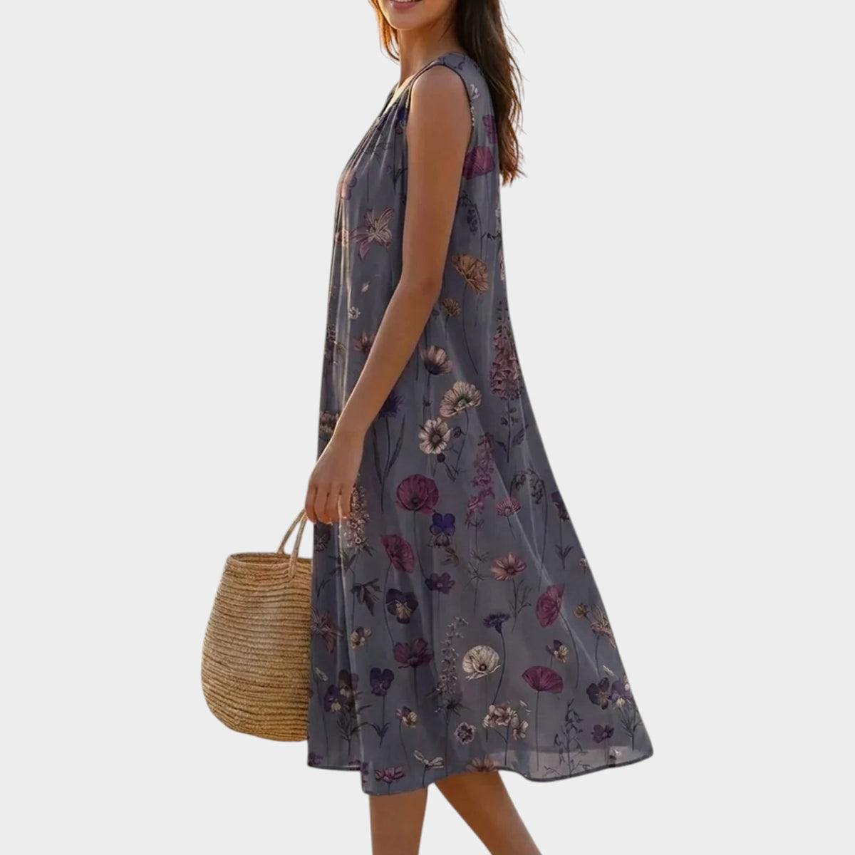 Women’s Vintage Floral Midi Dress Sleeveless Round Neck