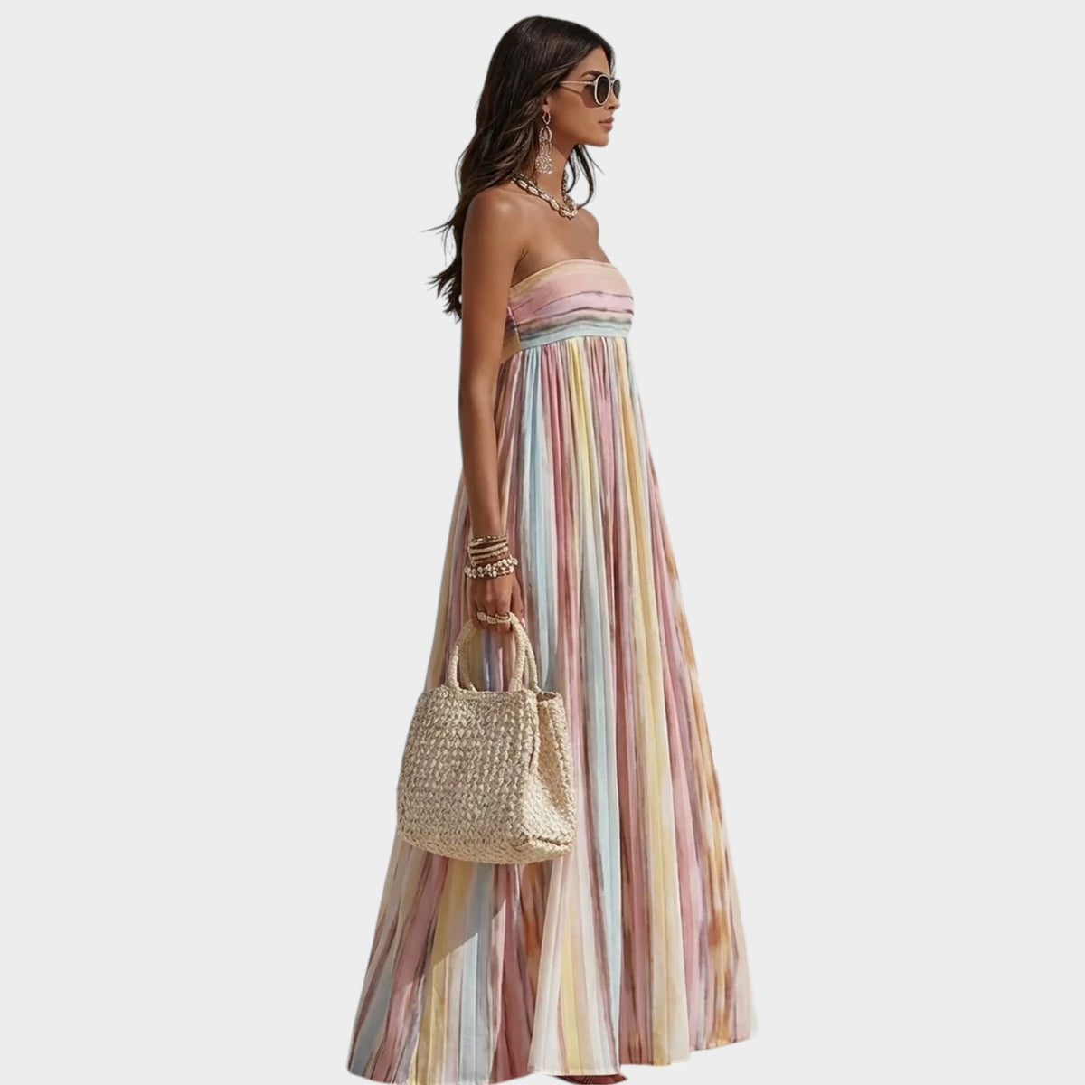 Women’s Strapless Striped Maxi Dress with Square Neckline and Flowy Skirt