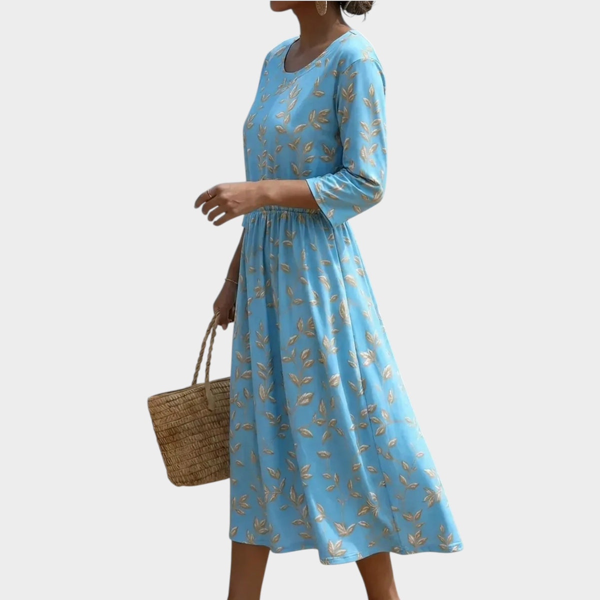 Women’s Floral Midi Dress with Round Neck and Elastic Waist