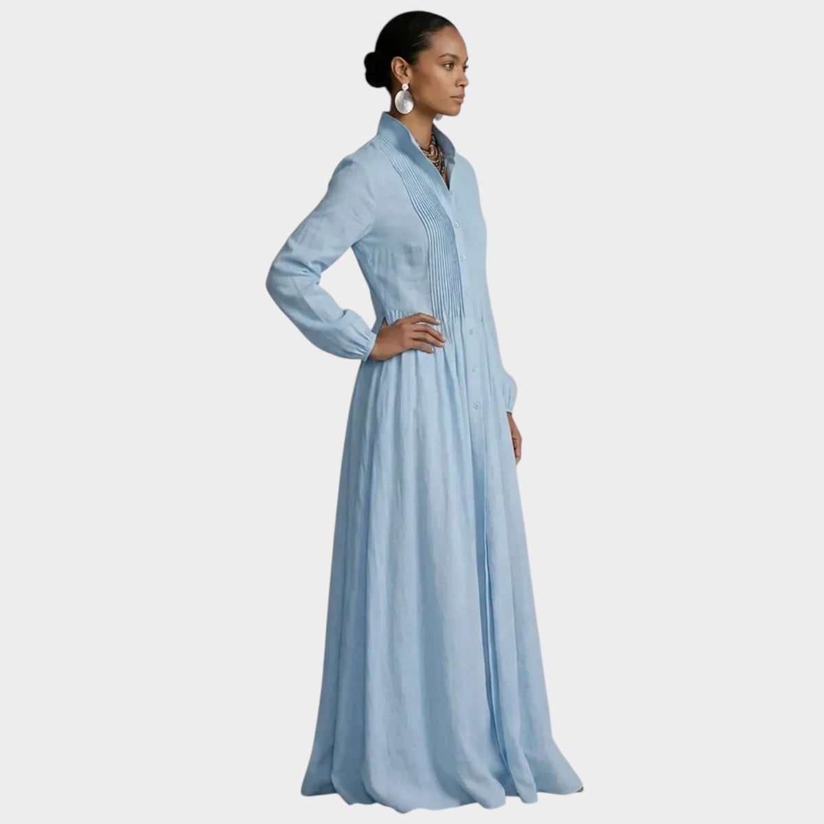 Women’s Long Sleeve Maxi Shirt Dress with Pintuck Detailing and Pockets