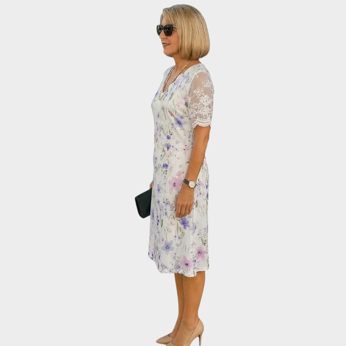 Women’s Floral Midi Dress with Lace Trim and Short Sleeves