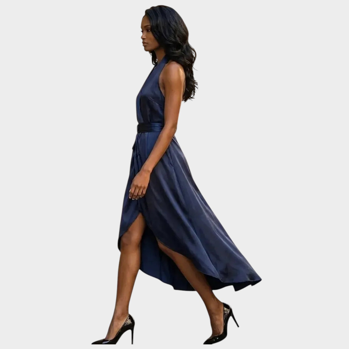 Women’s Formal Maxi Dress with Wrap Waist and High-Low Hem