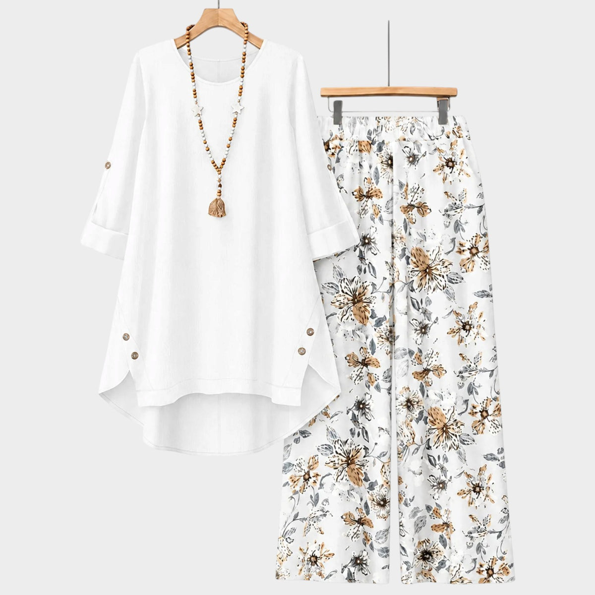 Women’s Two-Piece Set with Button-Tab Top and Floral Wide-Leg Trousers