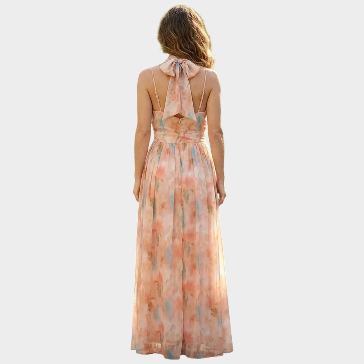 Women’s Halterneck Maxi Dress with Watercolour Floral Print and Defined Waist