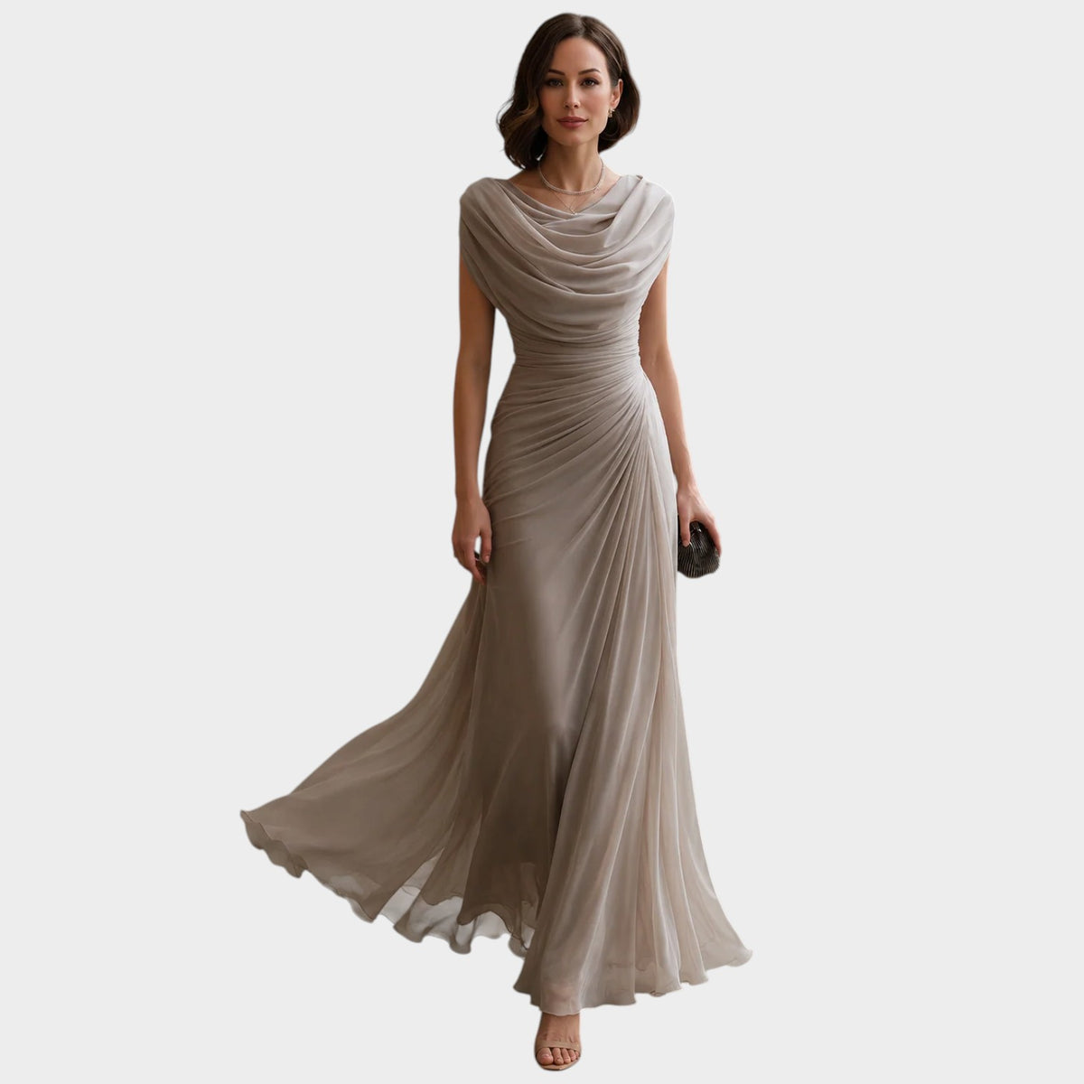 Women’s Ruched Maxi Evening Dress with Draped Cowl Neckline