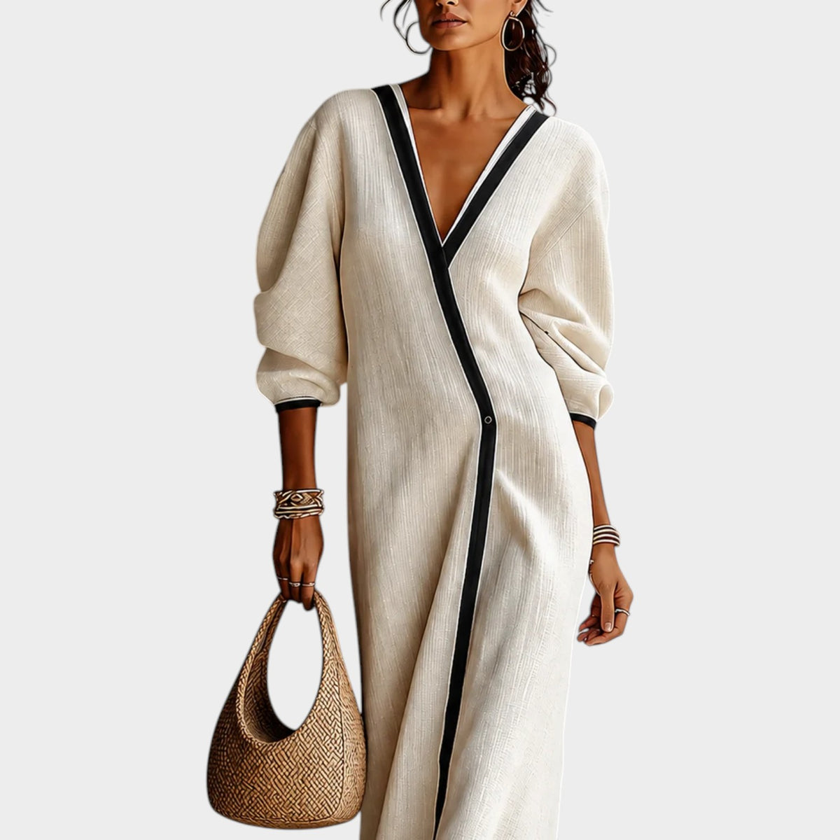 Women’s Linen Blend Maxi Dress with Deep V-Neck, Lantern Sleeves and Contrast Trim