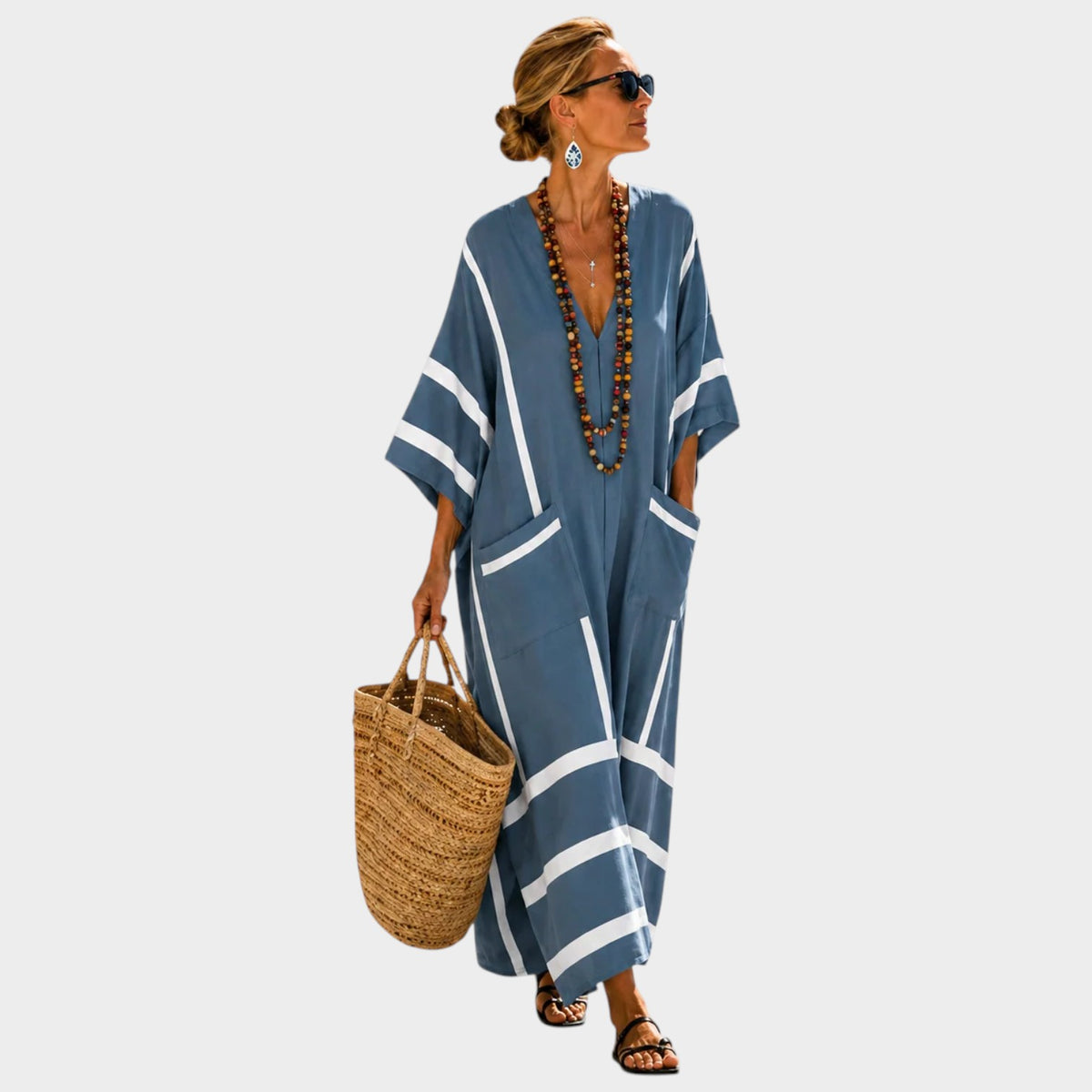 Women’s Embroidered Maxi Dress with V-Neck and Wide Sleeves
