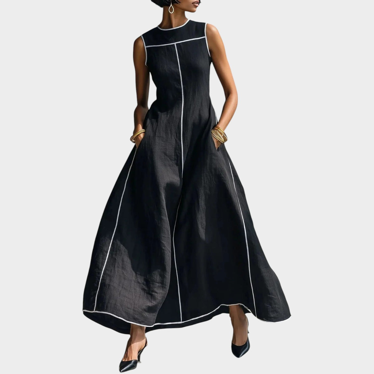 Women’s Sleeveless Maxi Dress with Contrast Trim and Flowing A-Line Skirt