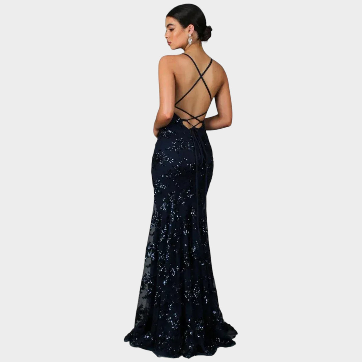 Women’s Sequin Evening Maxi Dress with V-Neck and Cross-Back Straps