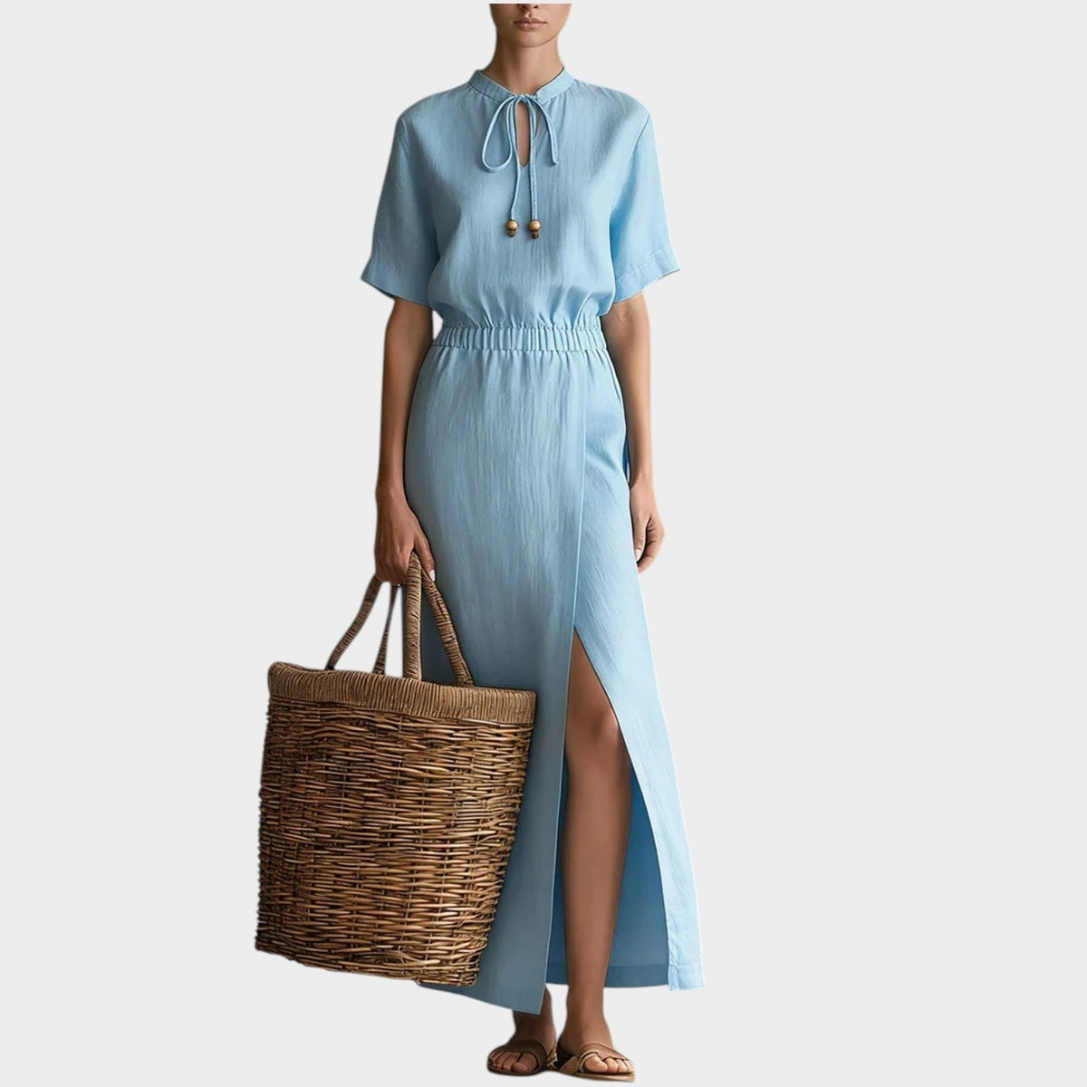 Women’s Linen-Blend Maxi Dress with Tie-Neck Keyhole, Short Sleeves and Side Slit