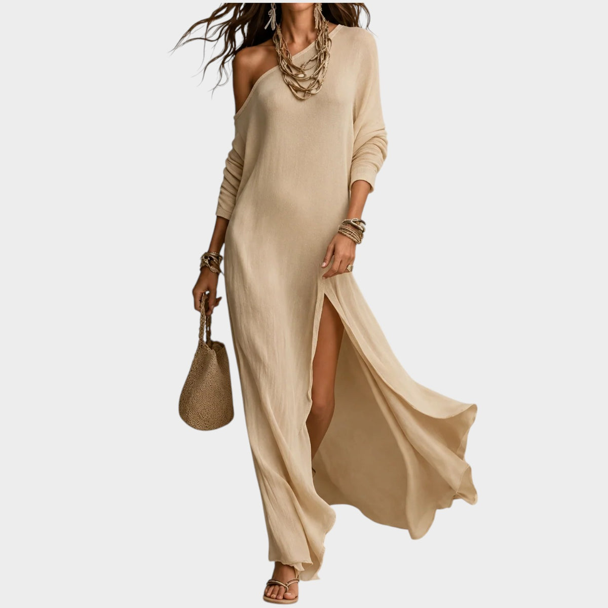 Women’s Ribbed One-Shoulder Maxi Dress with Long Sleeve and High Side Slit