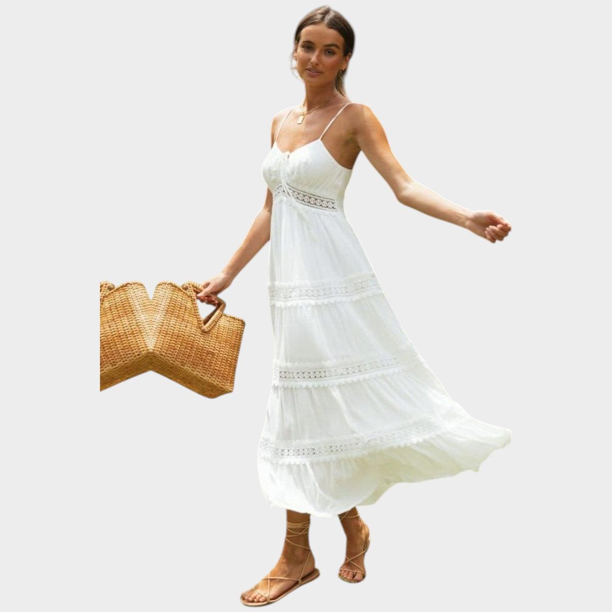 Women’s Boho Maxi Dress with Spaghetti Straps and Lace Trim