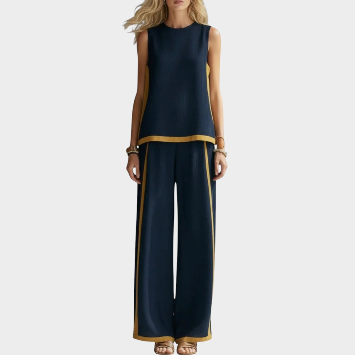Women’s Two-Piece Set Sleeveless Top Wide-Leg Trousers Contrast Trim