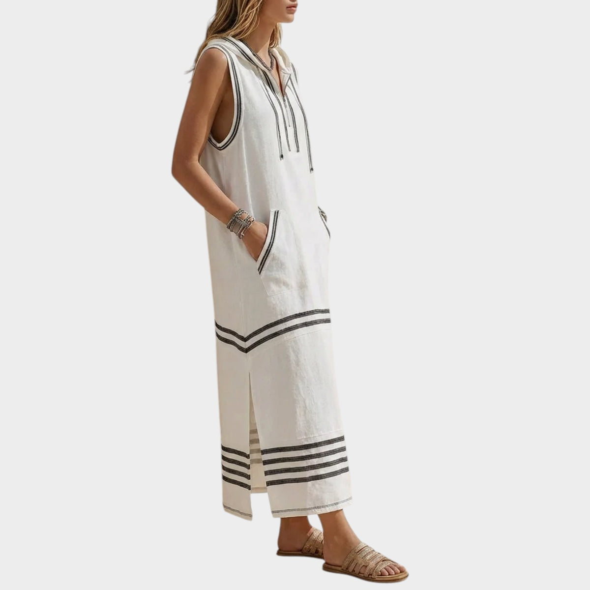 Women’s Striped Maxi Dress with Sleeveless Hooded Design and Side Pockets