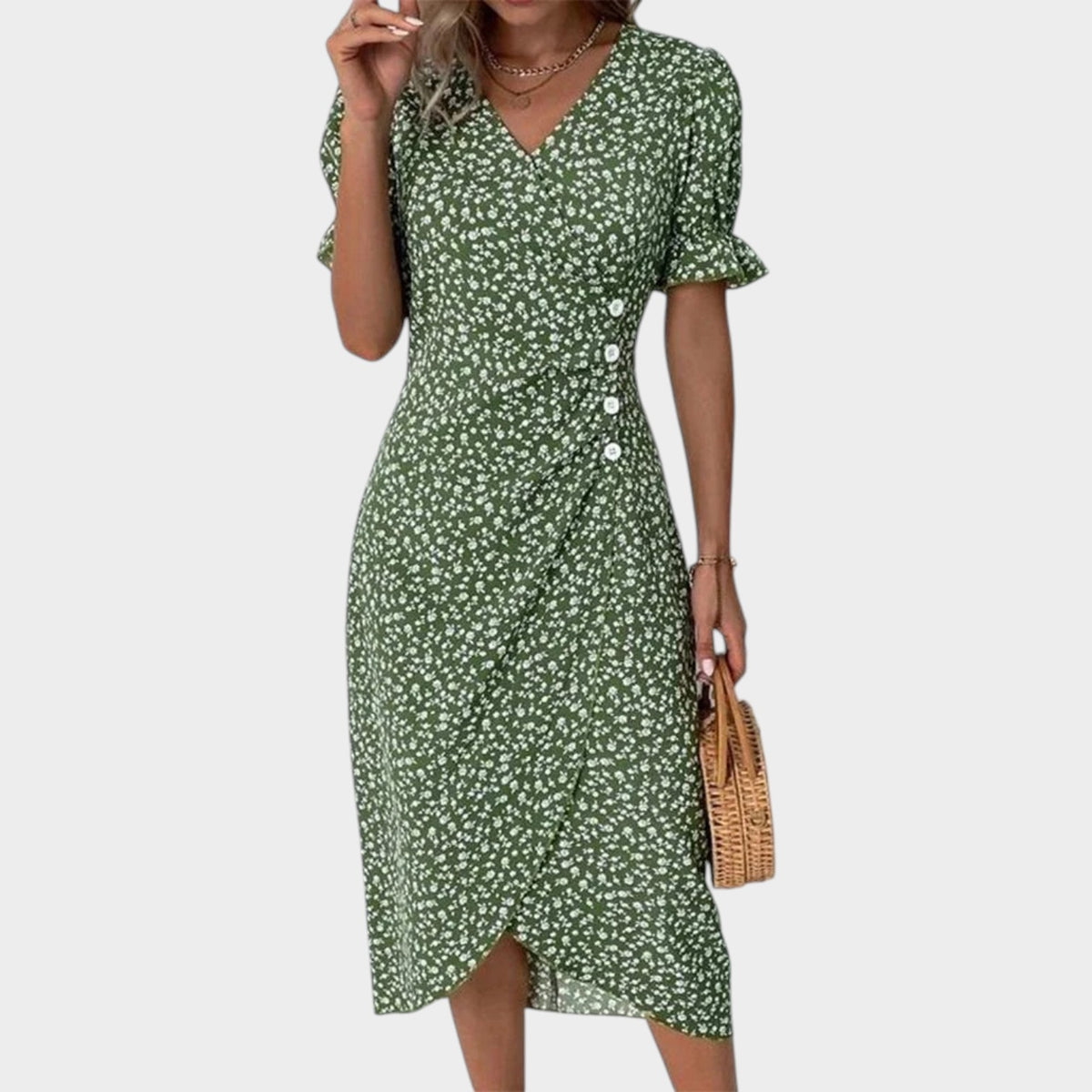 Women’s Floral Midi Dress V-Neck Short Ruffle Sleeves Wrap Front