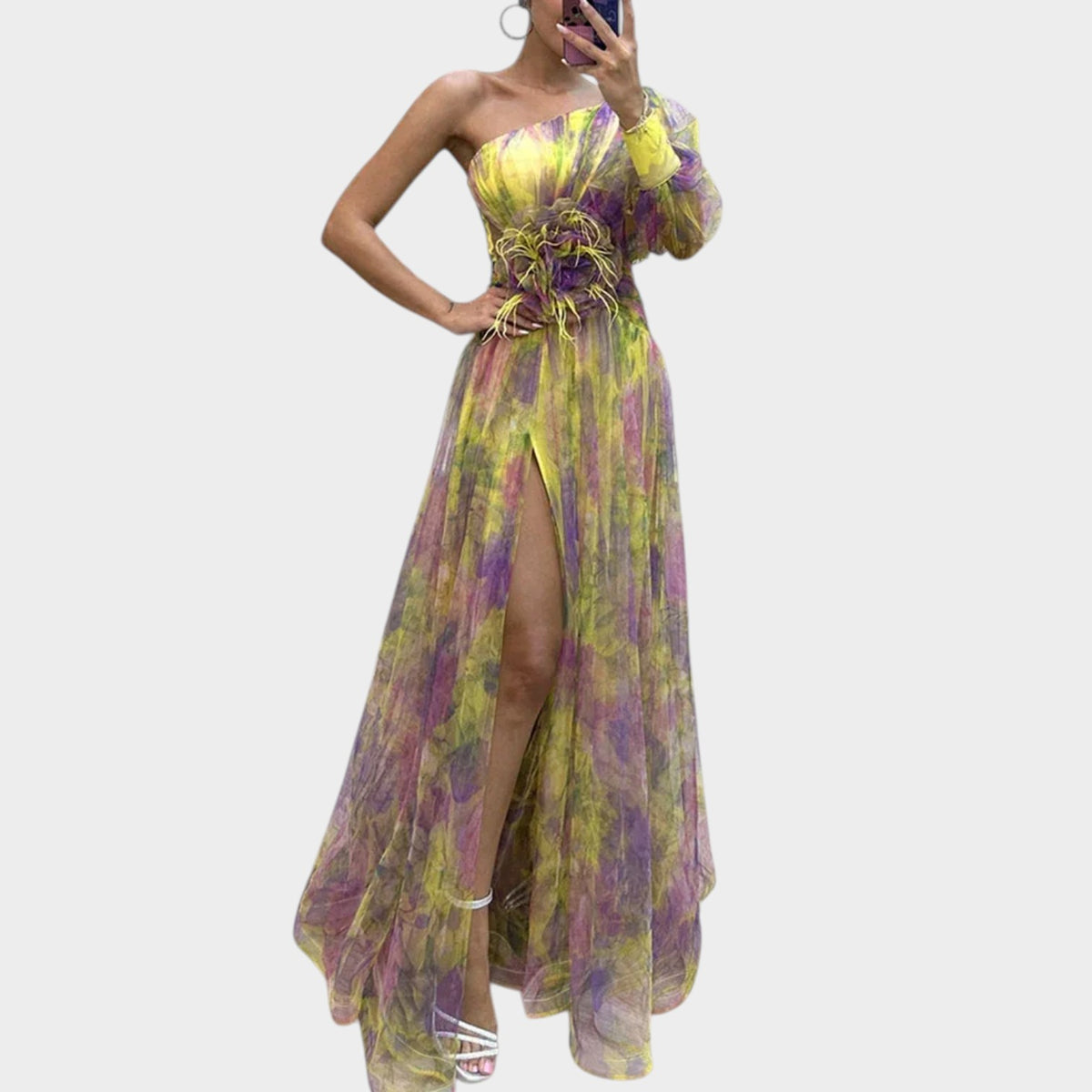 Women’s One-Shoulder Maxi Dress with Sheer Overlay, Floral Print and High Side Slit
