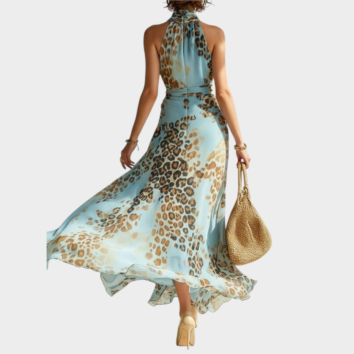 Women’s Leopard Print Maxi Dress with Halter Neck and Ruched Waist