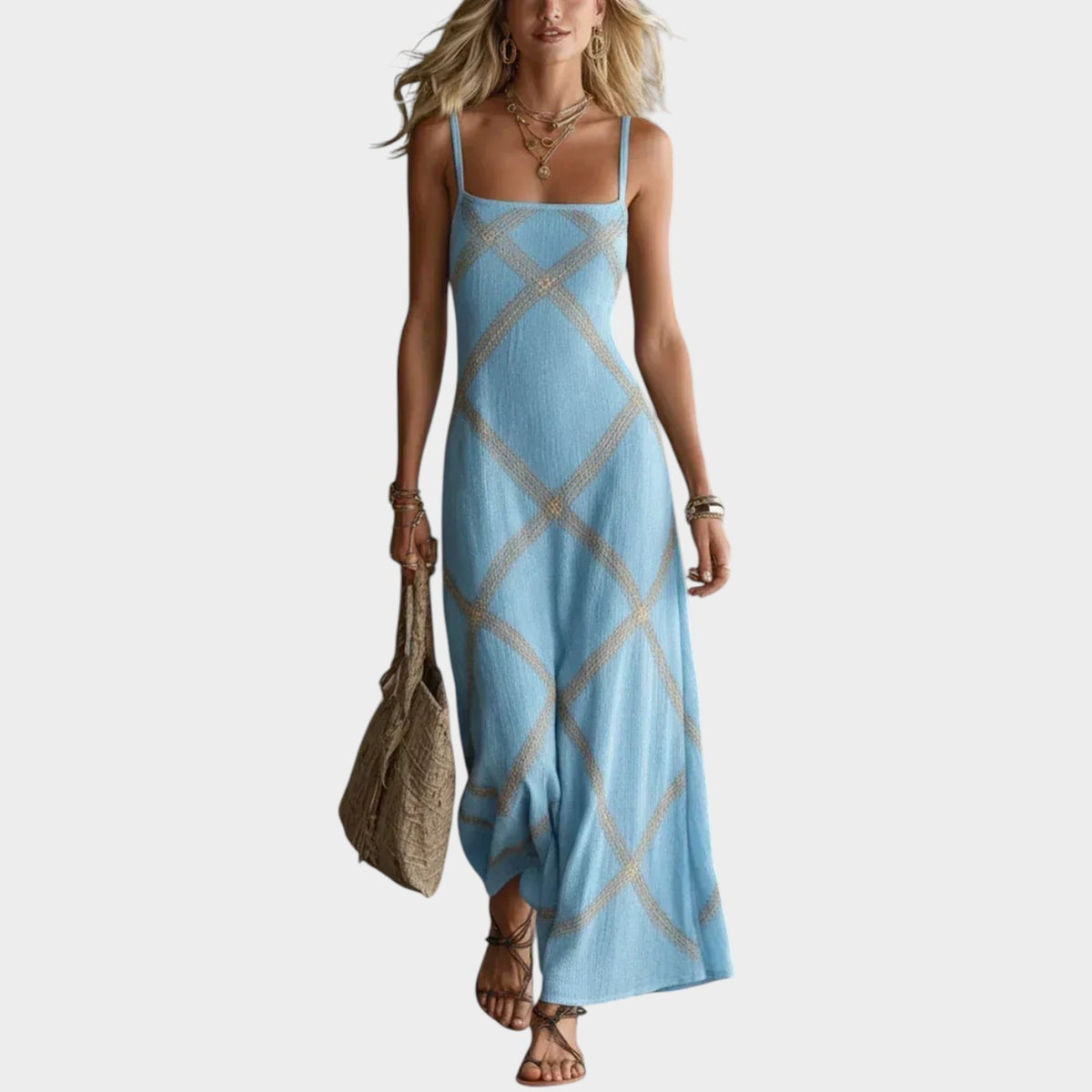 Women’s Geometric Print Maxi Dress with Square Neckline