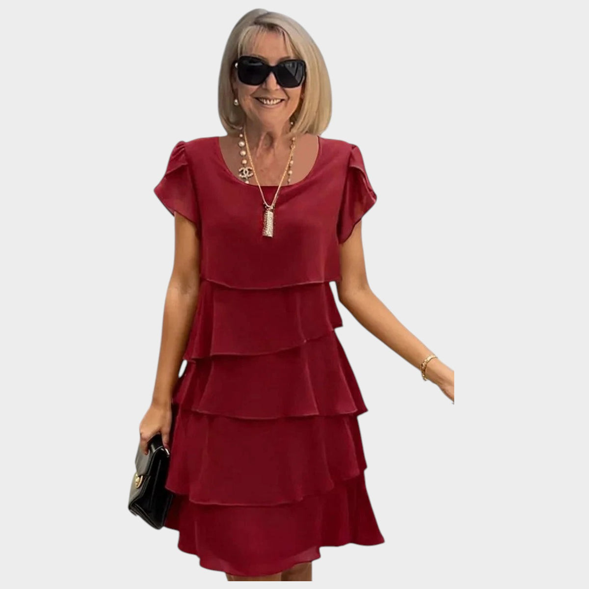 Women’s Layered Chiffon Midi Dress with Short Sleeves