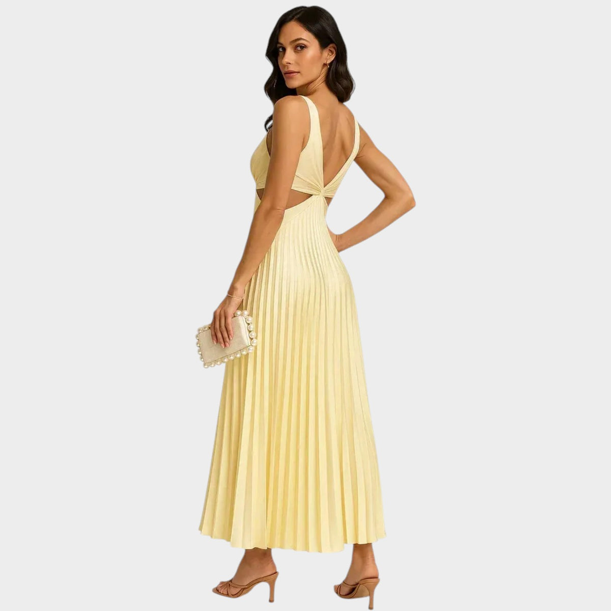 Women’s Pleated Maxi Dress Sleeveless V-Neck Ruched Waist