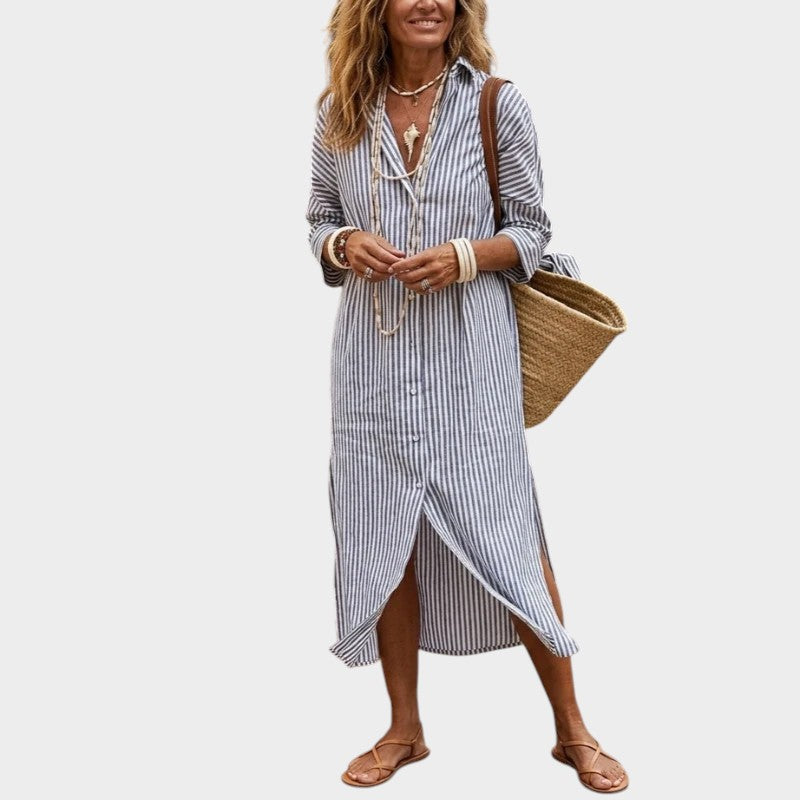 Women’s Striped Midi Shirt Dress Button Front 3/4 Sleeves