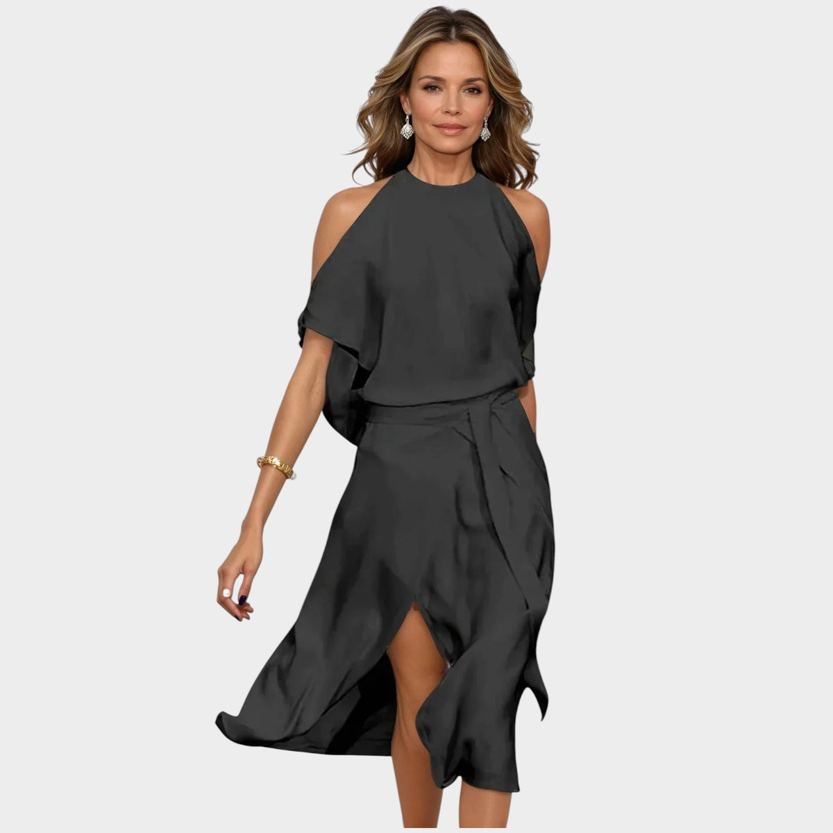 Women’s Asymmetrical Midi Dress with Cold-Shoulder Top and Split Hem