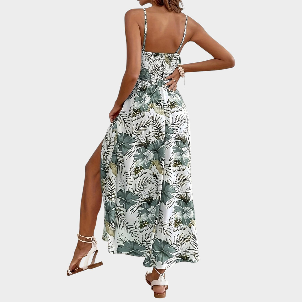 Women’s Floral Maxi Dress with Spaghetti Straps, Crochet Waist and Side Slit