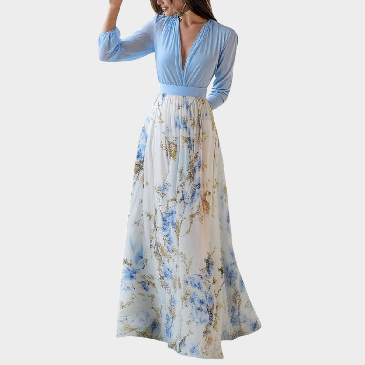 Women’s Floral Print Maxi Dress with Deep V-Neck and Long Sleeves