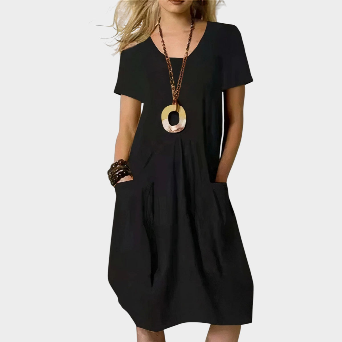 Women’s Midi Dress Short Sleeves A-Line Design Side Pockets