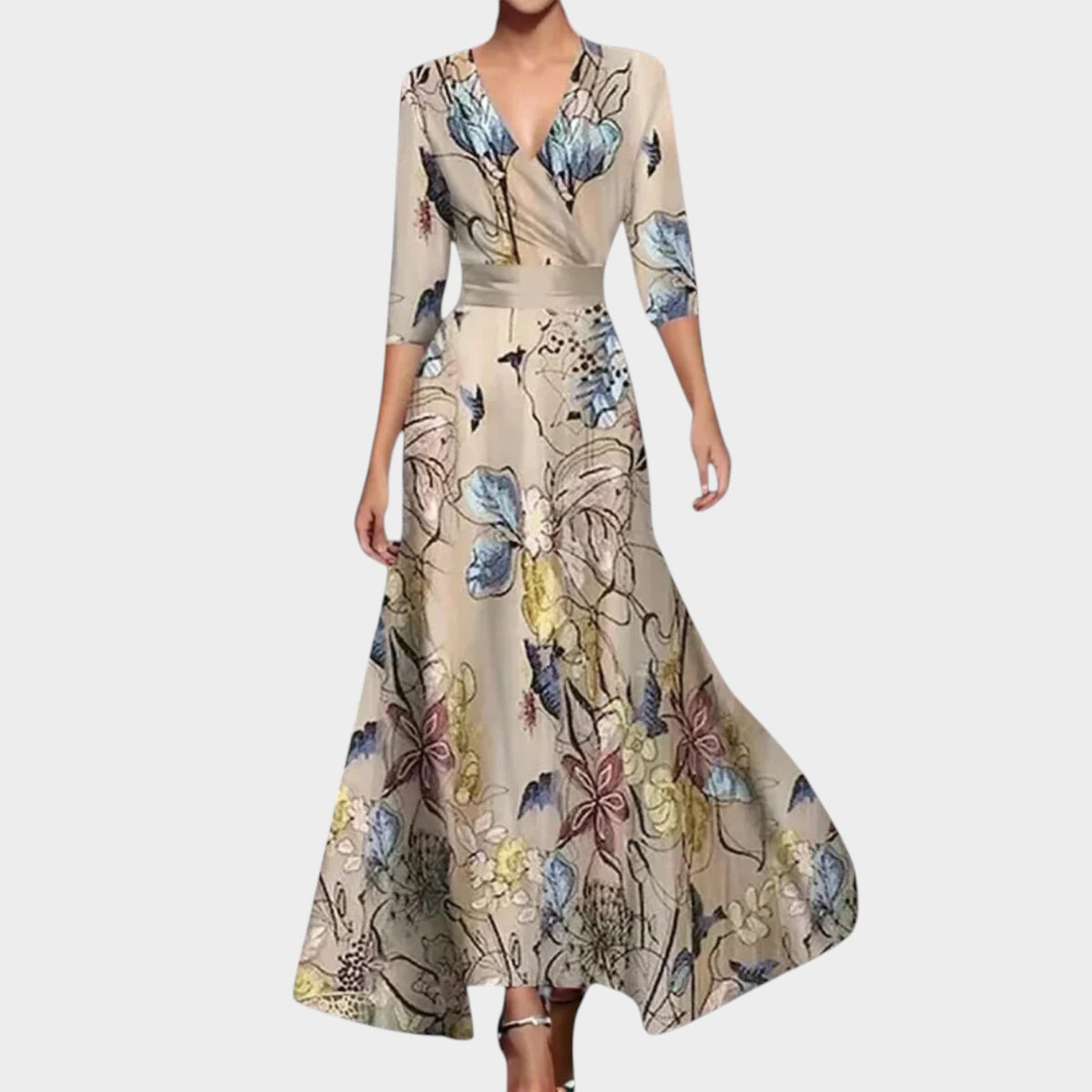 Women’s Floral Wrap Maxi Dress with V-Neck and Three-Quarter Sleeves