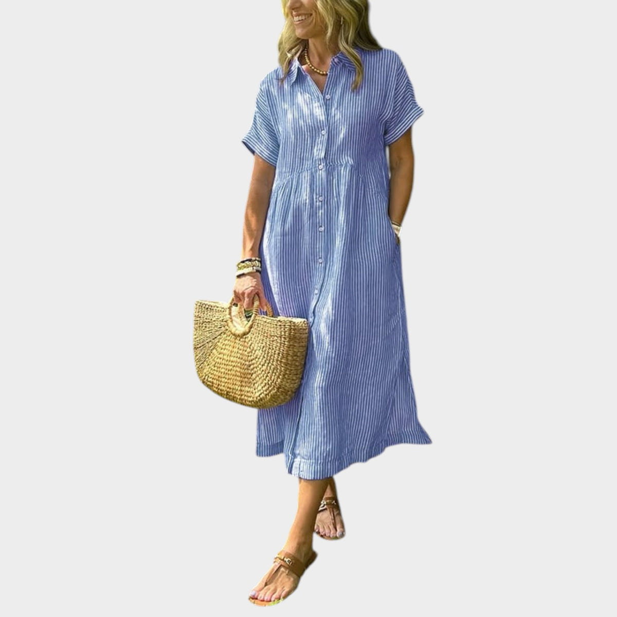 Women’s Striped Maxi Shirt Dress Lapel Collar Button Front