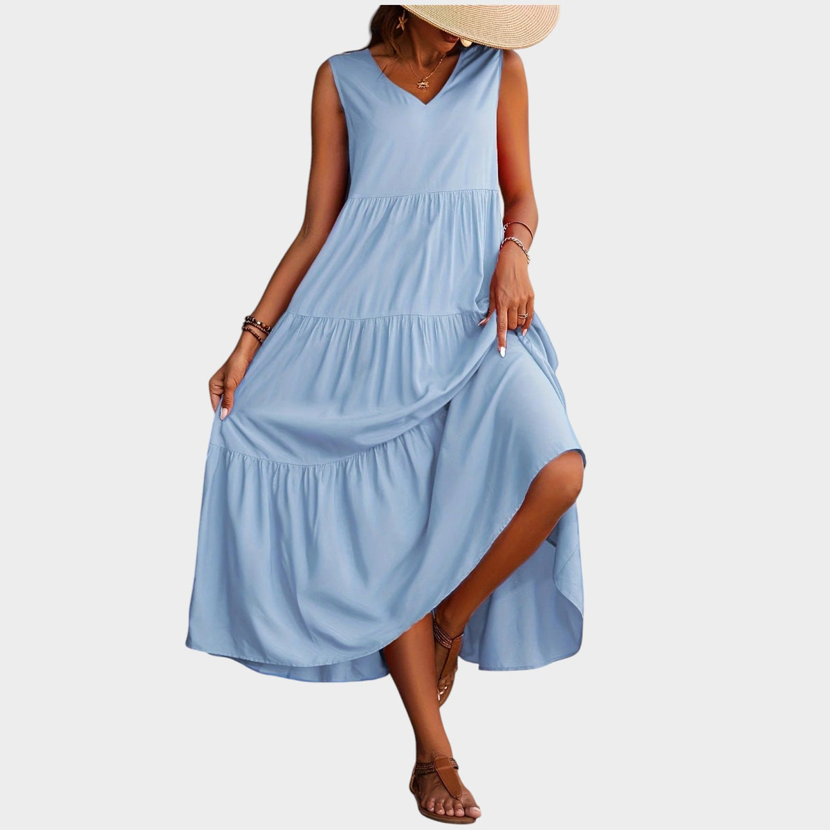 Women’s V-Neck Maxi Dress with Sleeveless Design and Tiered Skirt