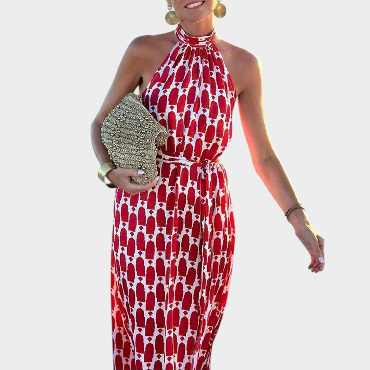 Women’s Halter Neck Maxi Dress with Geometric Print, Waist Tie and Side Slit