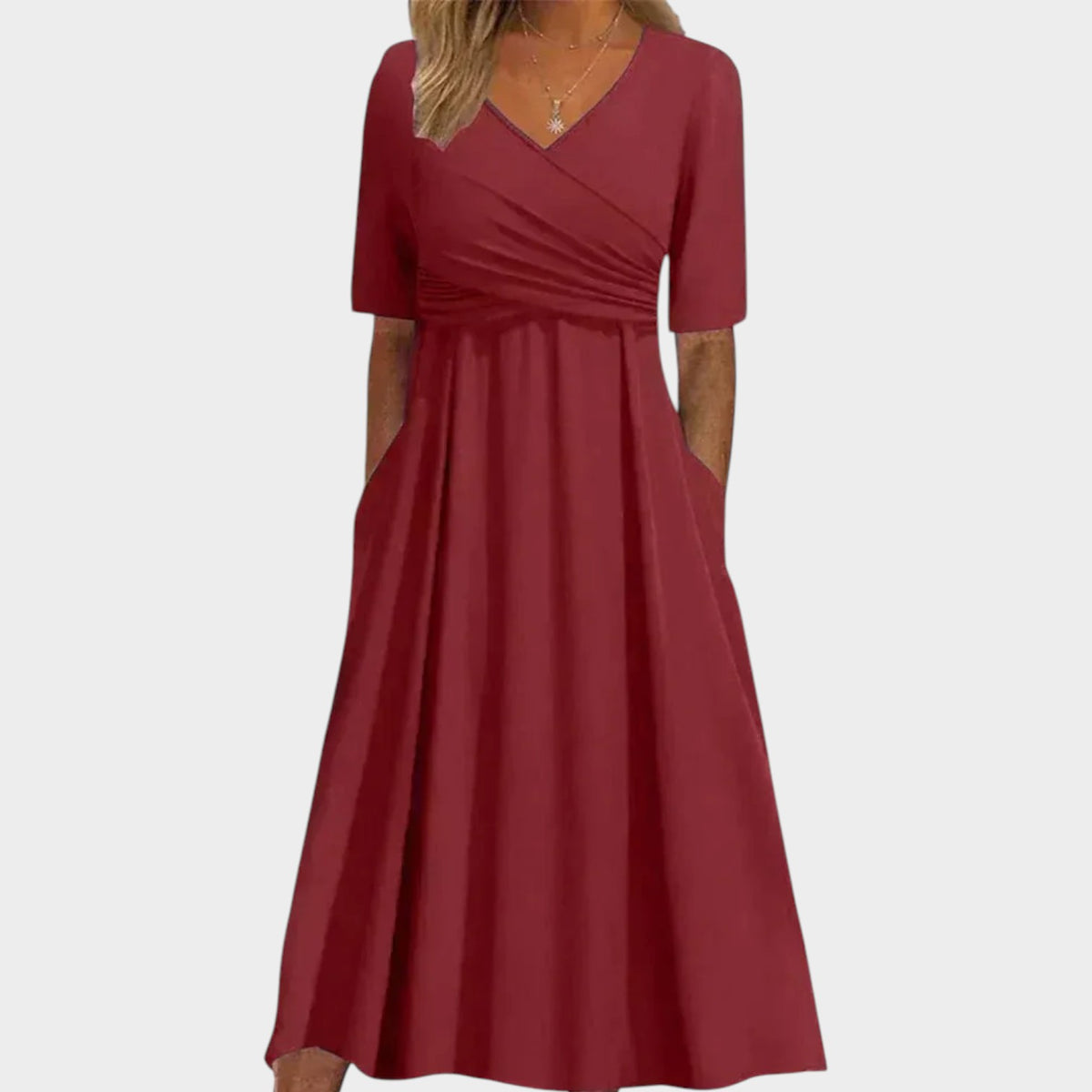 Women’s Midi Dress with V-Neck Crossover Bodice and Side Pockets